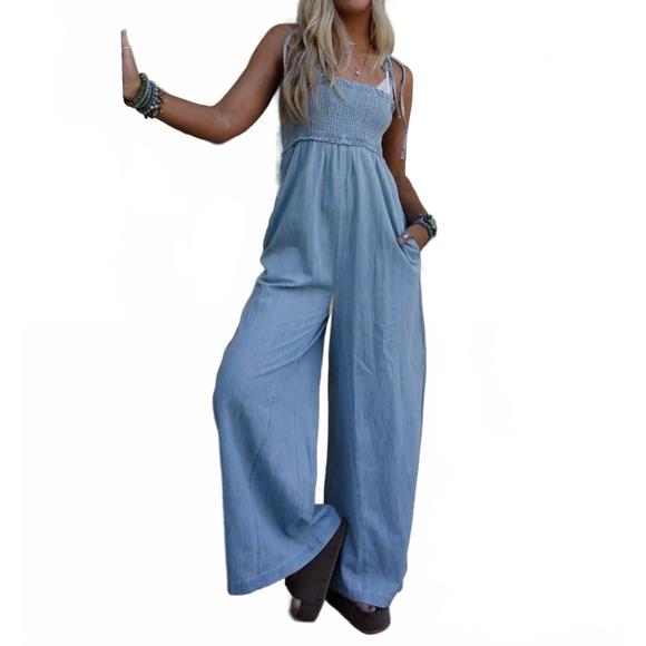 NEW THREE BIRD NEST light washed smocked cotton jumpsuit in blue - Picture 5 of 5